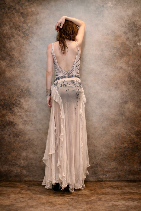 Bettina, 90s silk chiffon beaded bias cut frill dress