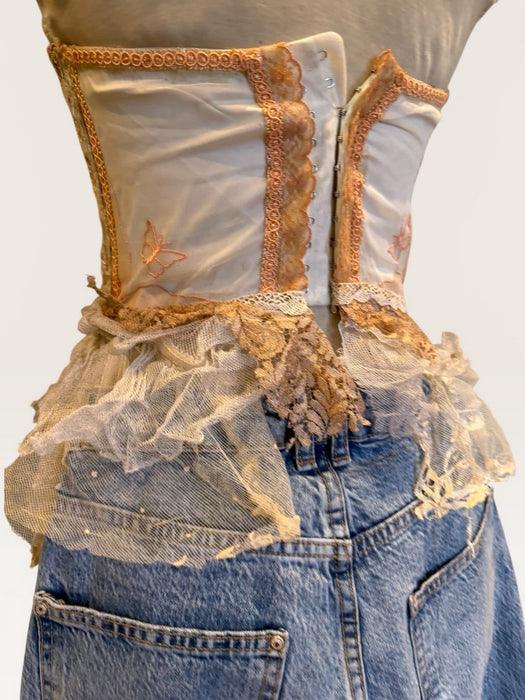 Mirabelle, repurposed 60s  corset with French organza, lace and floral embroidery