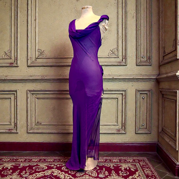 Axil, 90s purple silk chiffon bias cut dress with cowl neck