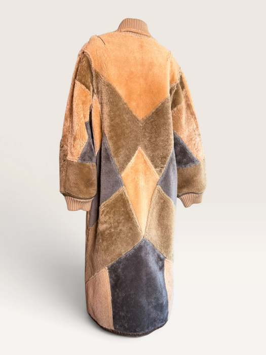 Tilly, 1980s reversible sheepskin and suede patchwork coat