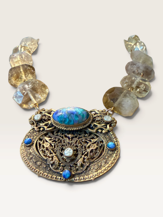 Jasmir, reworked lemon Quartz raw cut gems set with a  Victorian gold plated pendant