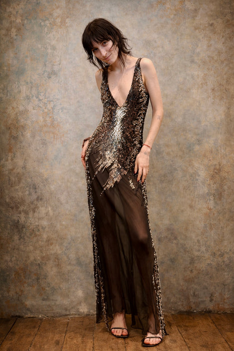 Holy, 70s sequins and silk chiffon bias cut dress