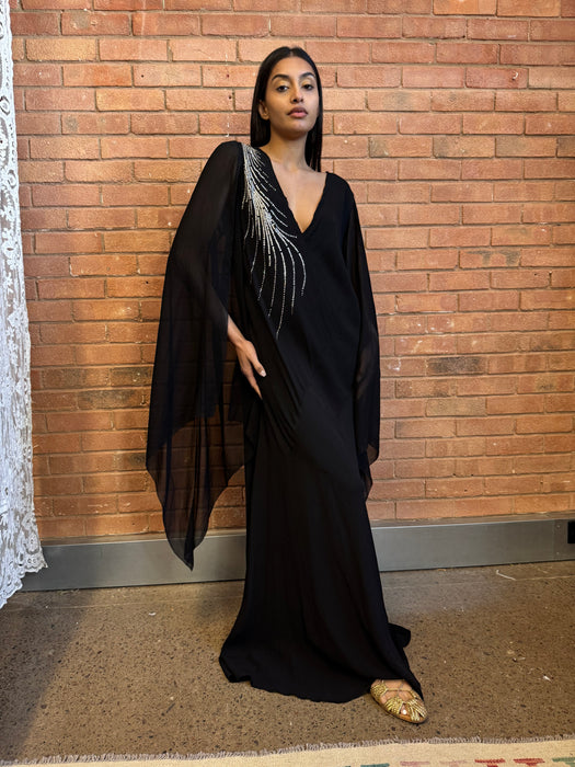 Virna, 30s black bias cut dress with angel sleeves and rhinestone detail