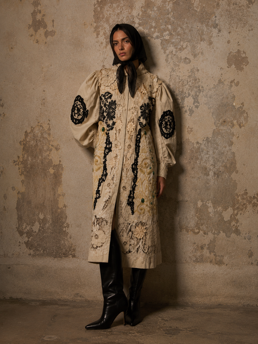 Veronica, reworked Edwardian cream and lace wool coat with gold thread beading