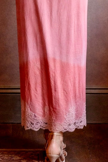 Smart, 40s hand dyed pink and terracotta ombré silk and lace petal dress