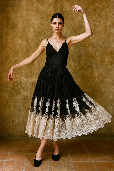 Florian, reworked 30s black silk net and white lace dress