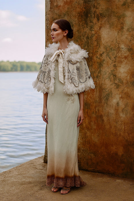 Ornella, reworked 30s cream feather cape with silver antique beading