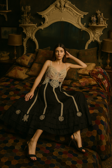 Alina, reworked Victorian tape work and silk lace dress