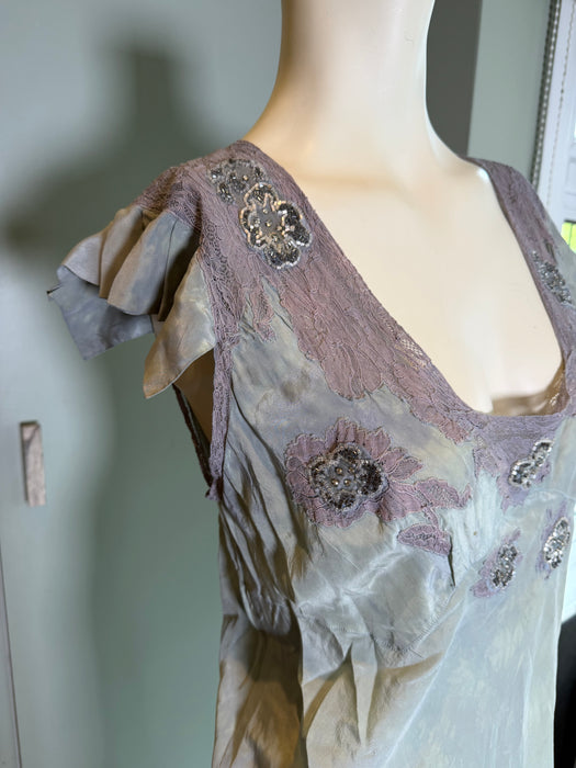 Odette, 1930s hand dyed antique blue silk and lace beaded dress