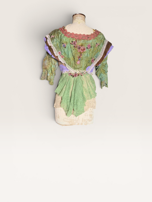 Monique, reworked Victorian hand dyed cotton and beaded lace jacket with art deco clasp