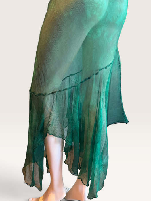 Ronda, hand dyed emerald green bias cut, asymmetric vintage chiffon beaded dress