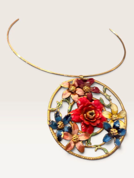 Jasmir, hand painted Victorian floral circular pendant on a thin gold choker