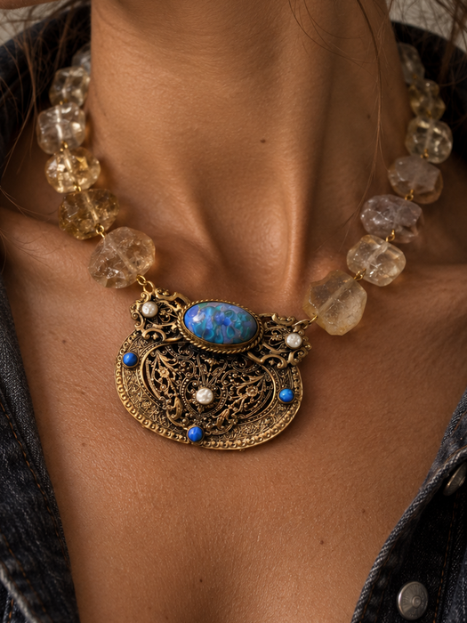 Jasmir, reworked lemon Quartz raw cut gems set with a  Victorian gold plated pendant