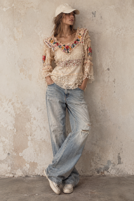 Paulina, reworked antique lace blouse with Romanian silk embroidered sleeves and collar