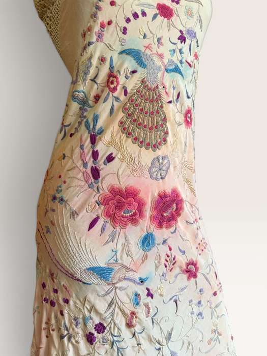 Daria, reworked bias cut cream piano shawl embroidered fringed dress