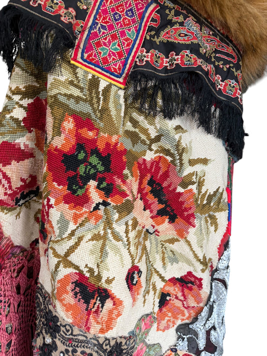 Stacey, reworked 1930, wool embroidered cape with faux fur collar