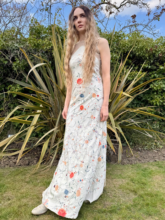 Caprice, reworked 40s silk embroidered floral shawl dress