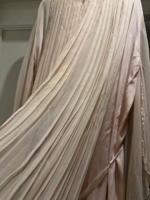 Adan, 30s blush pink silk chiffon angel sleeve pleated dress with florals and a ribbon tie