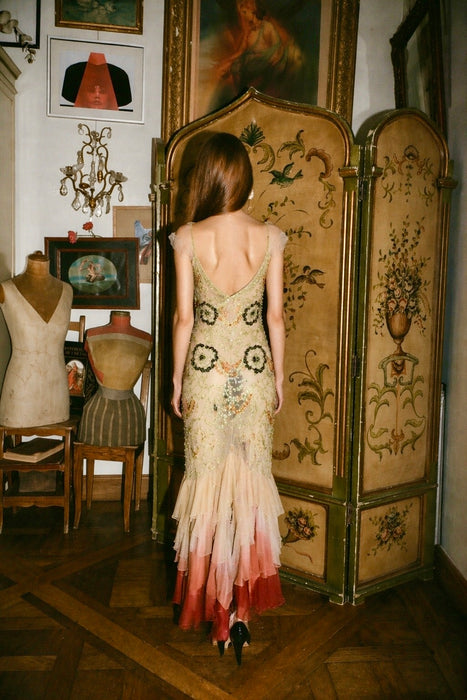 Flora, vintage bias cut beaded dress with ombré frill design