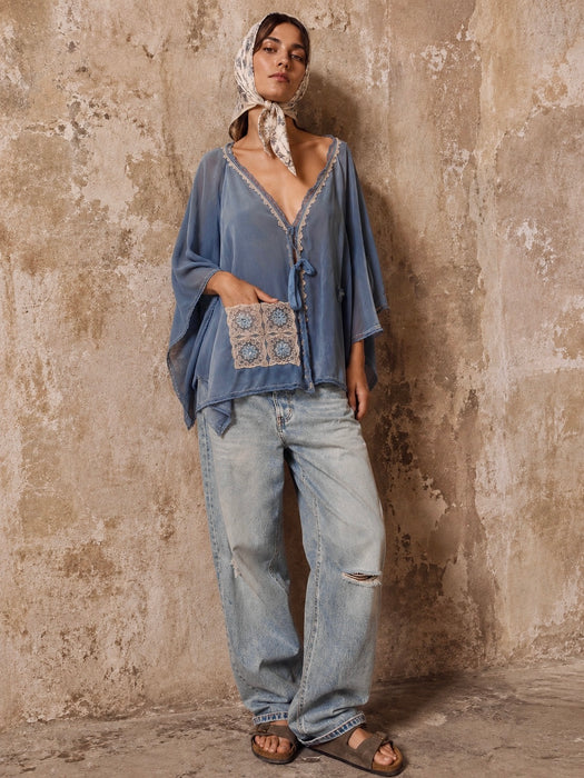 Adina, 30s, hand dyed pale blue silk and lace jacket