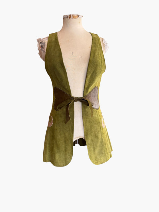 Basil, 70s olive green suede waistcoat with leather ties and handmade folk leather appliqué