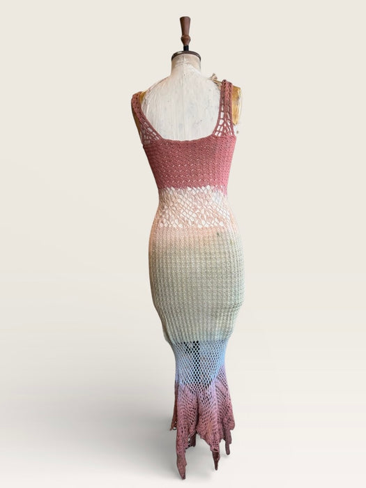Yarn, 70s crochet hand dyed ombré fishtail dress