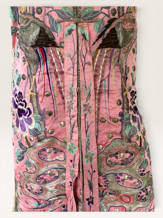 Adage, 19thC pink silk embroidered Chinese long waistcoat with feather collar