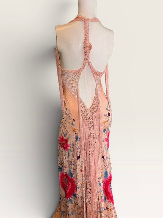 Mina, reworked 1940s silk embroidered fringed piano shawl dress