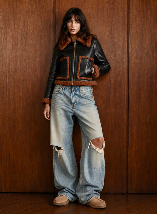 Beacon, faux leather teddy lined brown jacket