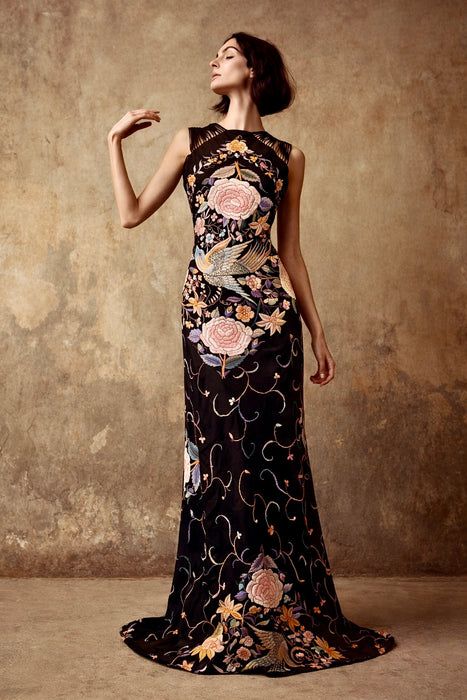 Angel, reworked 30s silk embroidered piano shawl bias cut dress