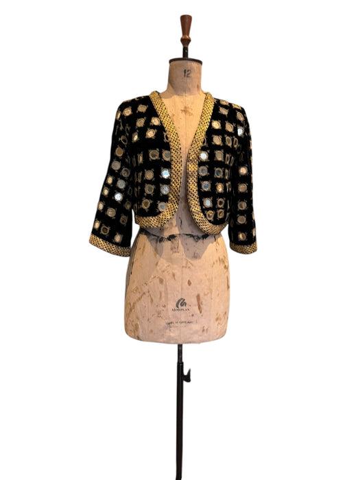 Lola, 70s bohemian black velvet mirrored jacket with gold thread