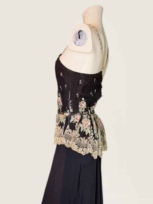 Andrea, 1970s black crepe and lace tiered dress