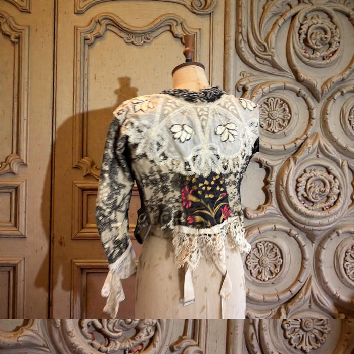Perry, embellished Victorian lace jacket with hand painted motif