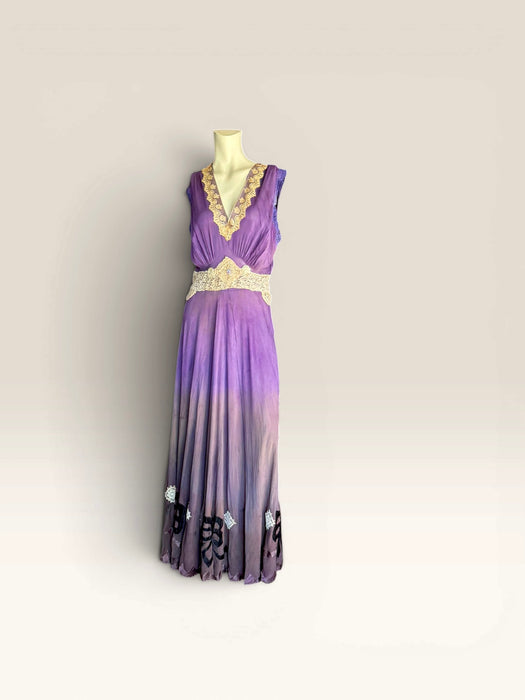 Lavender, 1930s hand dyed silk and lace dress with lace ribbon inserts