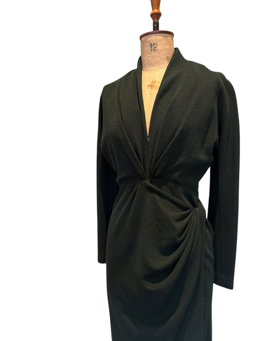 Donna Karen, Y2K bottle green wool draped wrap over dress