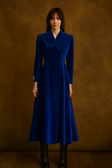 Stevie, 70s couture blue velvet double breasted jewelled coat