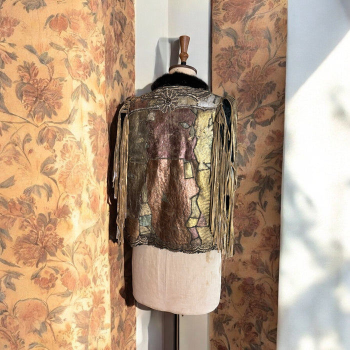 Tai, vintage metallic patchwork fringed sheepskin waistcoat
