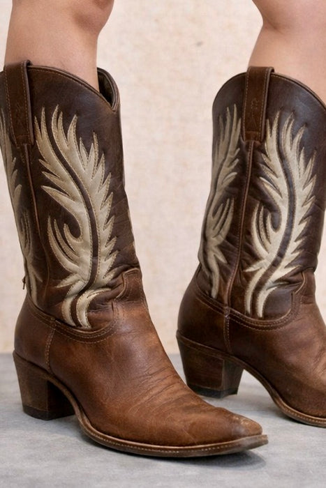 Ozark, 70s brown and cream tooled hand painted cowboy boots