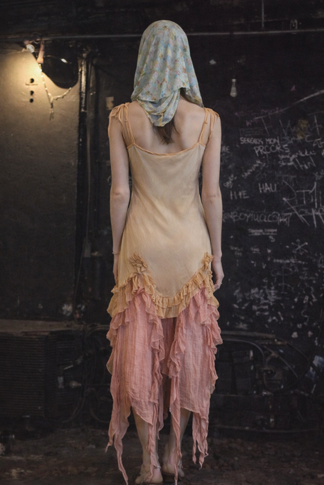 Laine, bias cut silk chiffon and pink dyed handkerchief dress with rosettes