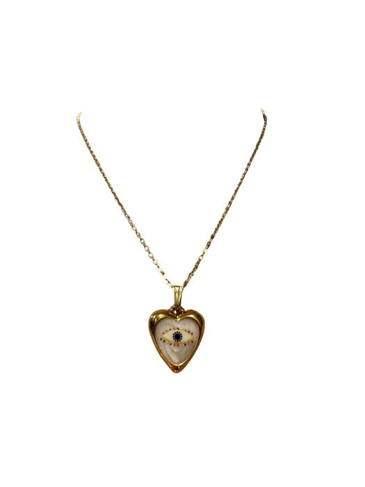 Erin, vintage heart shape ceramic eye charm and 14 c gold pendant and chain