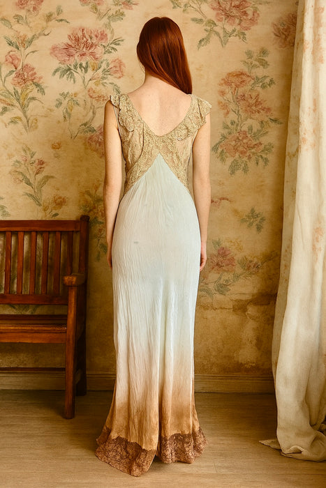 Flora, 20s silk and lace bias cut dress hand dyed in ombré