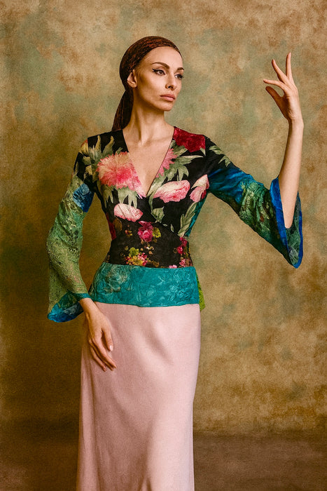 Thalia, reworked patchwork vintage blouse with angel sleeves