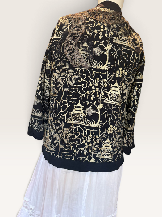 Pagoda, 1930s Chinese embroidered silk jacket with metallic gold embroidery