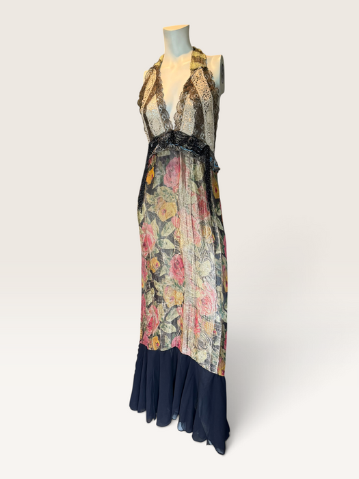 Dray, reworked 1920s floral lamé and metallic dress with glass black jet beaded fringed waistband