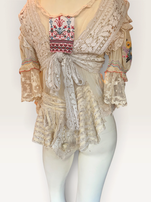 Paulina, reworked antique lace blouse with Romanian silk embroidered sleeves and collar