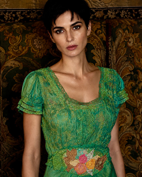 Bora, 1930s emerald green hand dyed silk bias cut dress with lace inserts and Victorian ribbon work florals