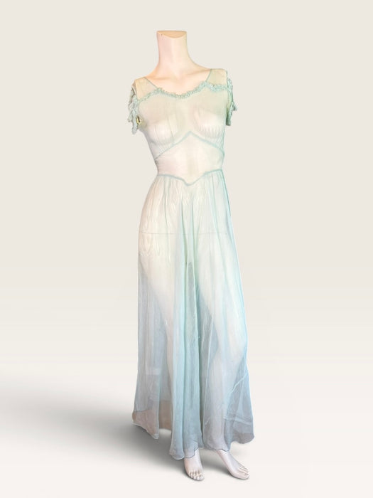 Ettore, original 30s pale blue silk chiffon dress with waist tie and frill shoulders