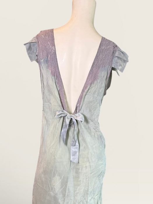 Odette, 1930s hand dyed antique blue silk and lace beaded dress