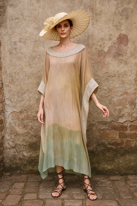 Bodie, hand dyed embroidered silk kaftan
