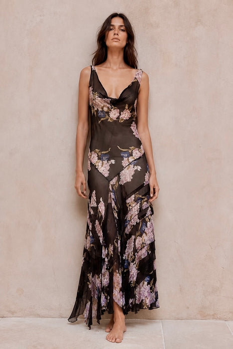 Taylor, 90s beaded bias cut floral print asymmetric dress